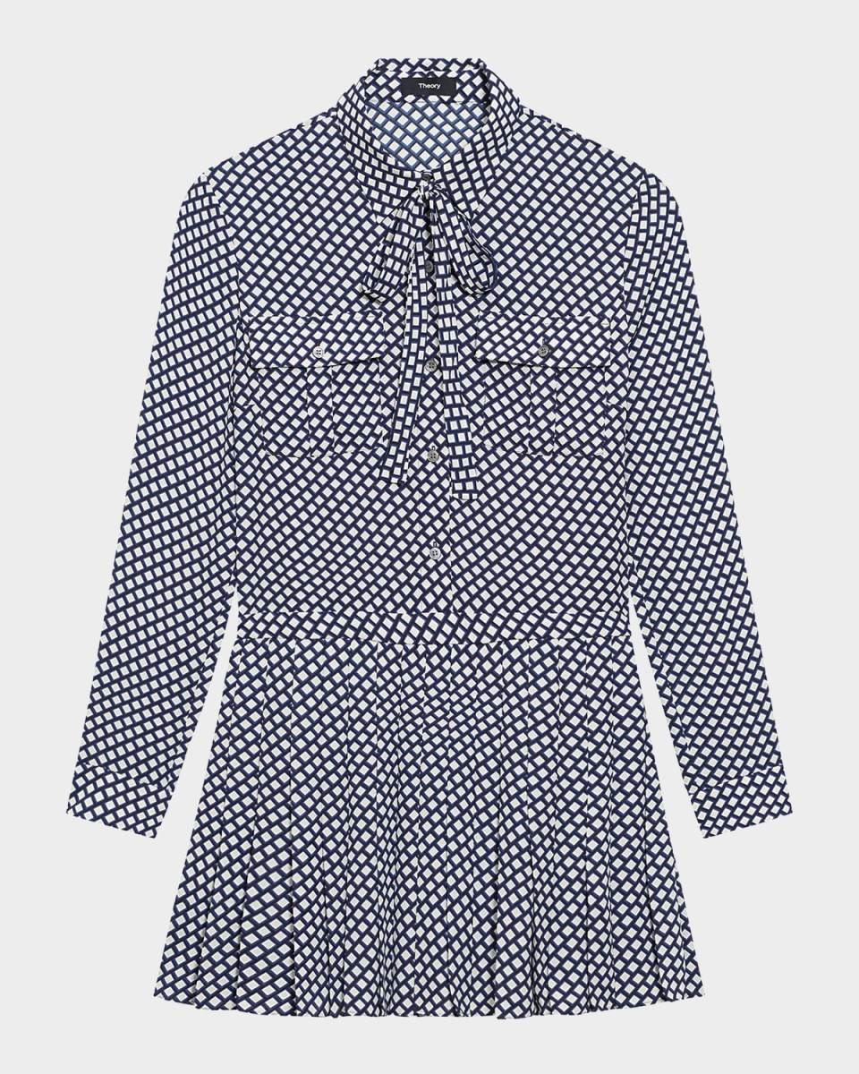 Diamond Printed Pleated Neck-Tie Mini Dress